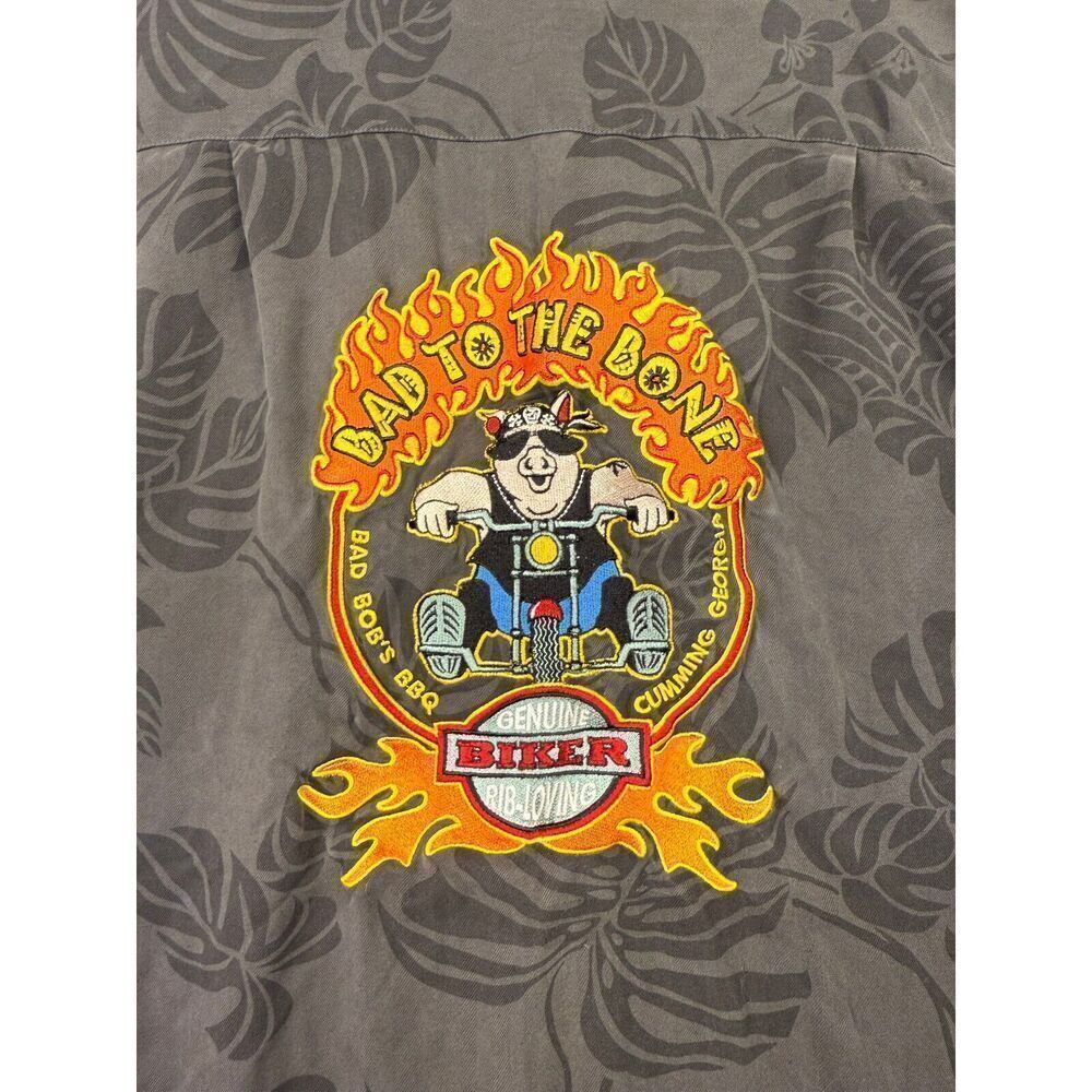 Island Dogs‎ Mens “Bad to the Bone” Hawaiian Black Silk Camp Shirt Size Medium